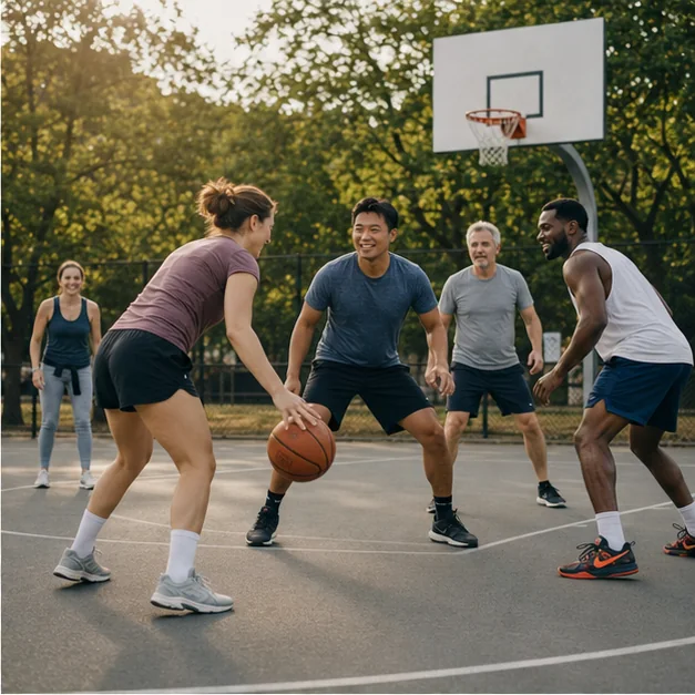 Friends playing a casual pickup basketball game on an outdoor court