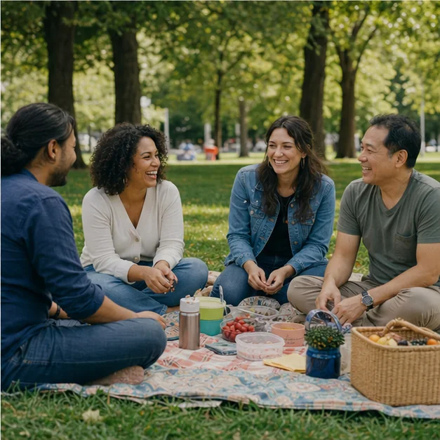 A group of friends talking together on a picnic blanket in a park