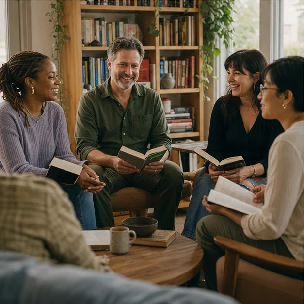 A small group of friends discussing books together