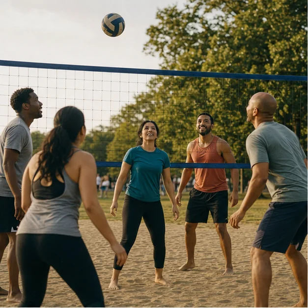 A mixed group of friends playing recreational volleyball outdoors