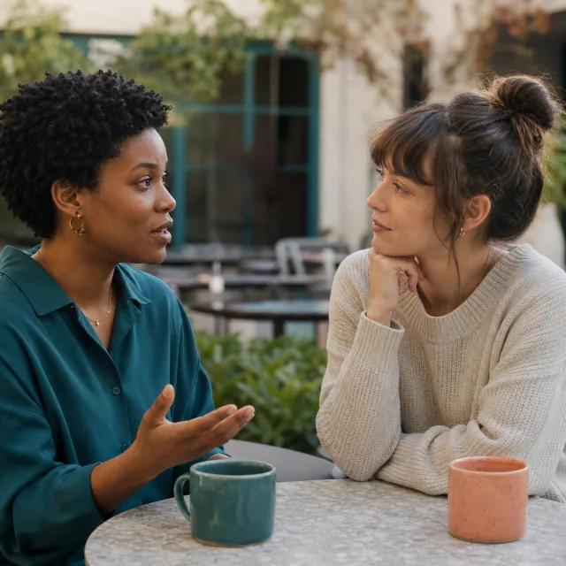 Two friends listening and speaking thoughtfully across a table