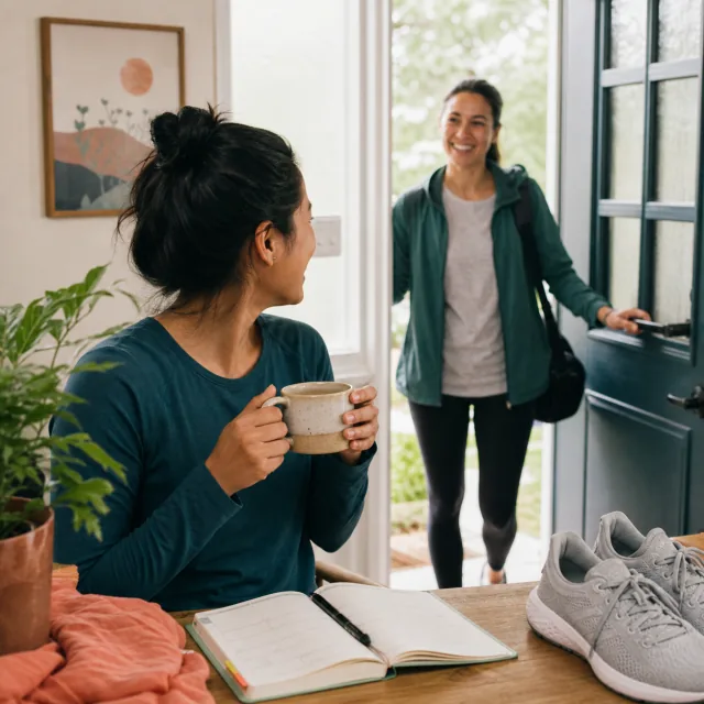 A friend arriving while another prepares a planner and shoes for the day