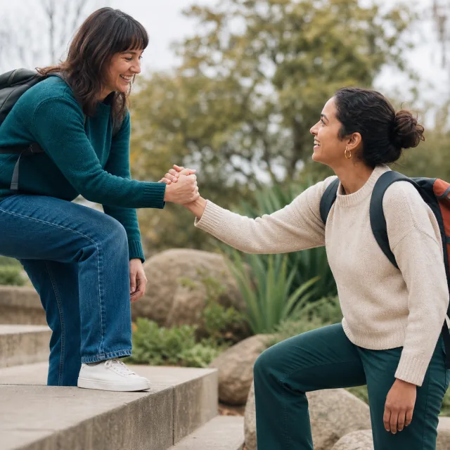 One friend helping another up a park step during a shared outing