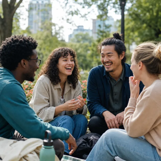 A group of friends sharing an animated conversation in a city park